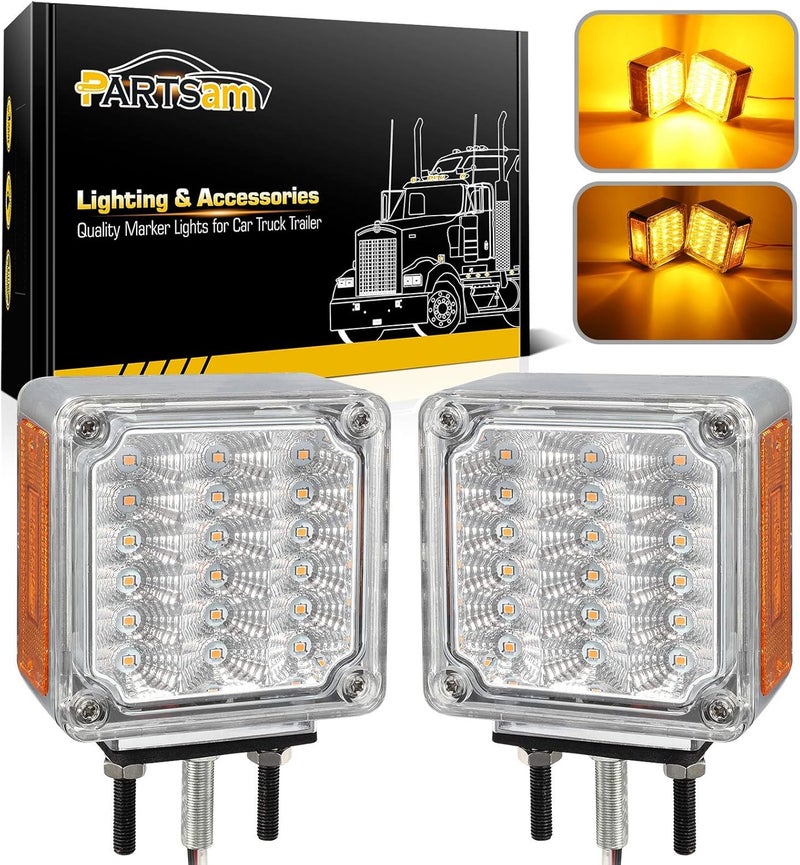 Partsam 2Pcs Square Double Face Led Turn Signal Lights Parking Lights Clear Lens - Amber/Amber 39 Square LED Pedestal Fender Stud Mount Dual Face Led Lights for Trucks Trailers - Image 1
